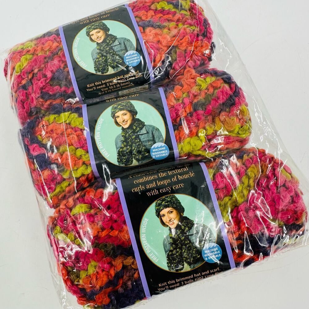 3 Lion Brand Boucle Yarn Mohair Blend 2.5oz Super Bulky GELATO Pink Green Purple